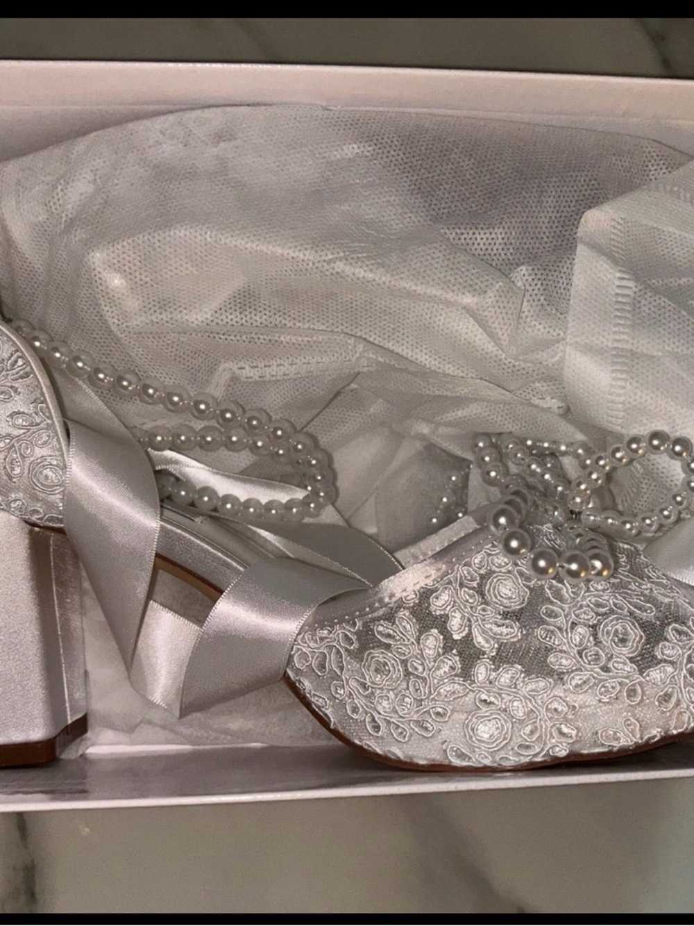 Bridal Satin & Lace Pearl-Embellished Block Heel Sandals - White
